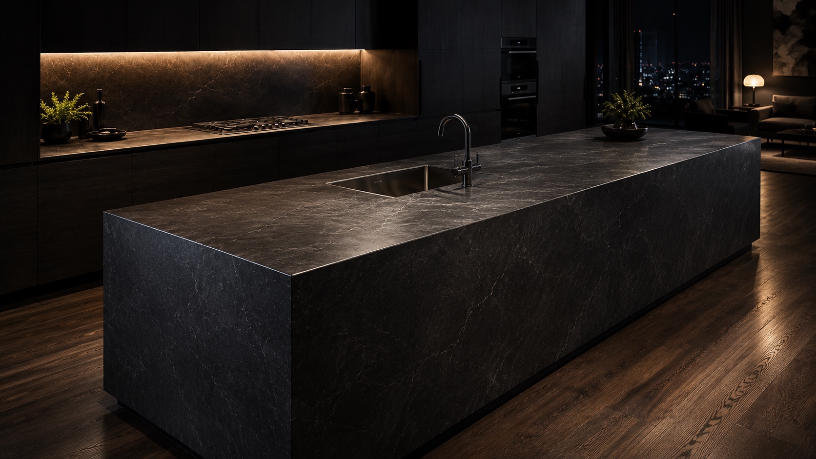 Dark luxury kitchen with a black stone island countertop